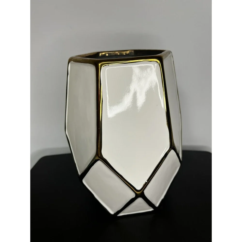 Large Ceramic Vase White Gold‎ Accent Elegant Home Decor